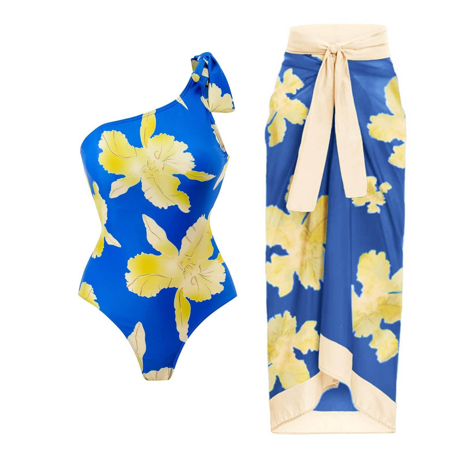 Sexy Swimsuit Women Retro One Shoulder Swimsuit Bikini Chiffon Beach Skirt Set